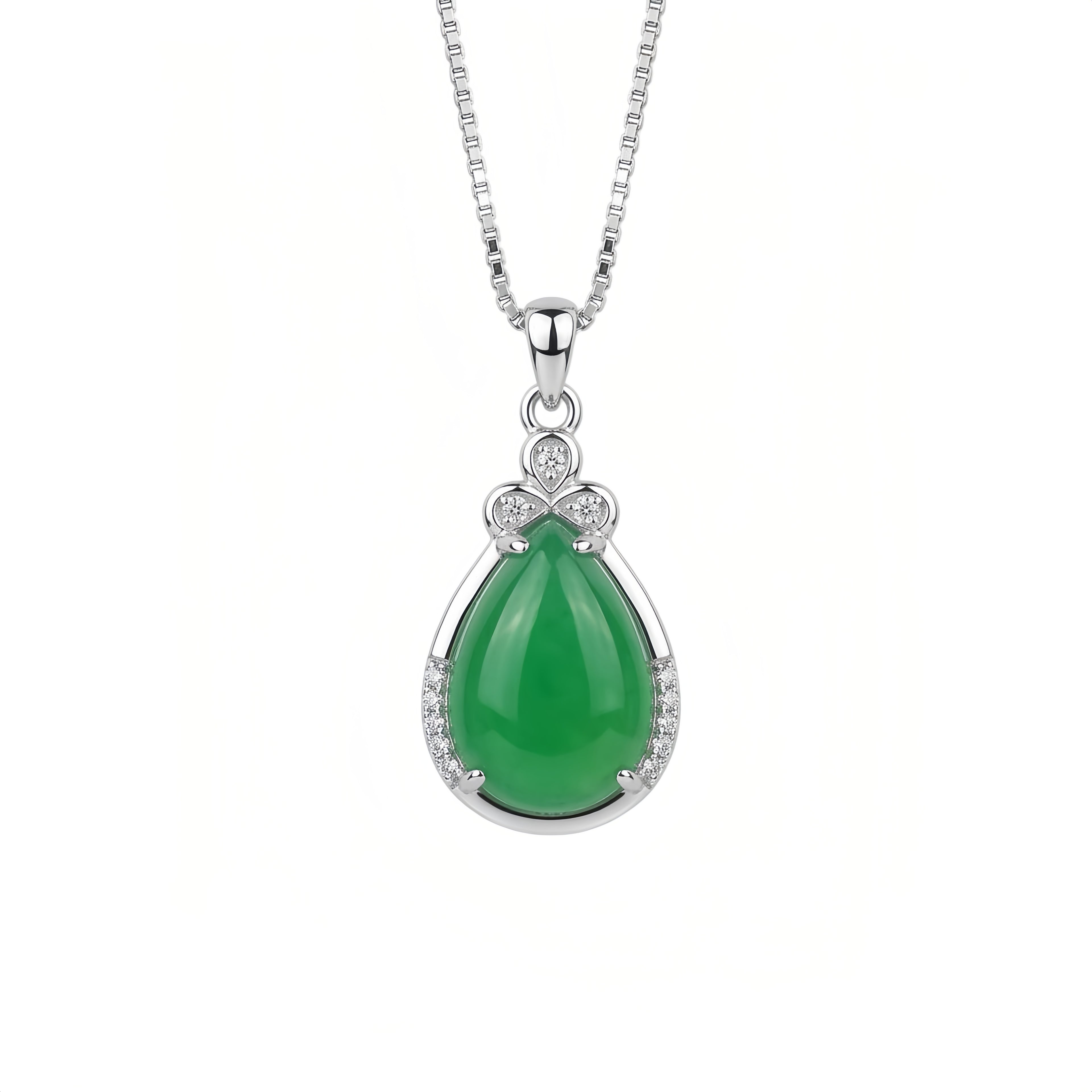 Green Teardrop Pendant Necklace with Sparkling Silver-Tone Halo