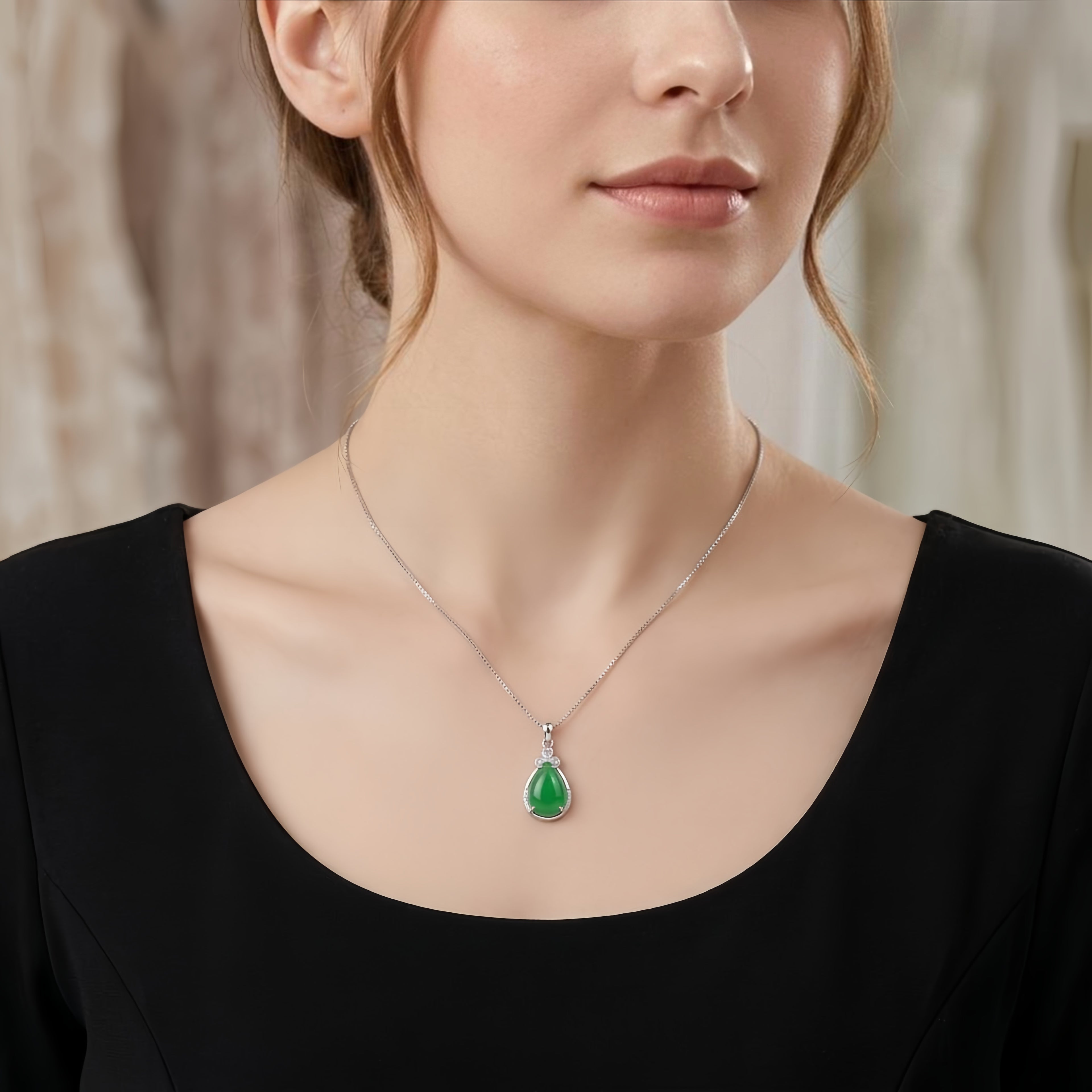 Green Teardrop Pendant Necklace with Sparkling Silver-Tone Halo