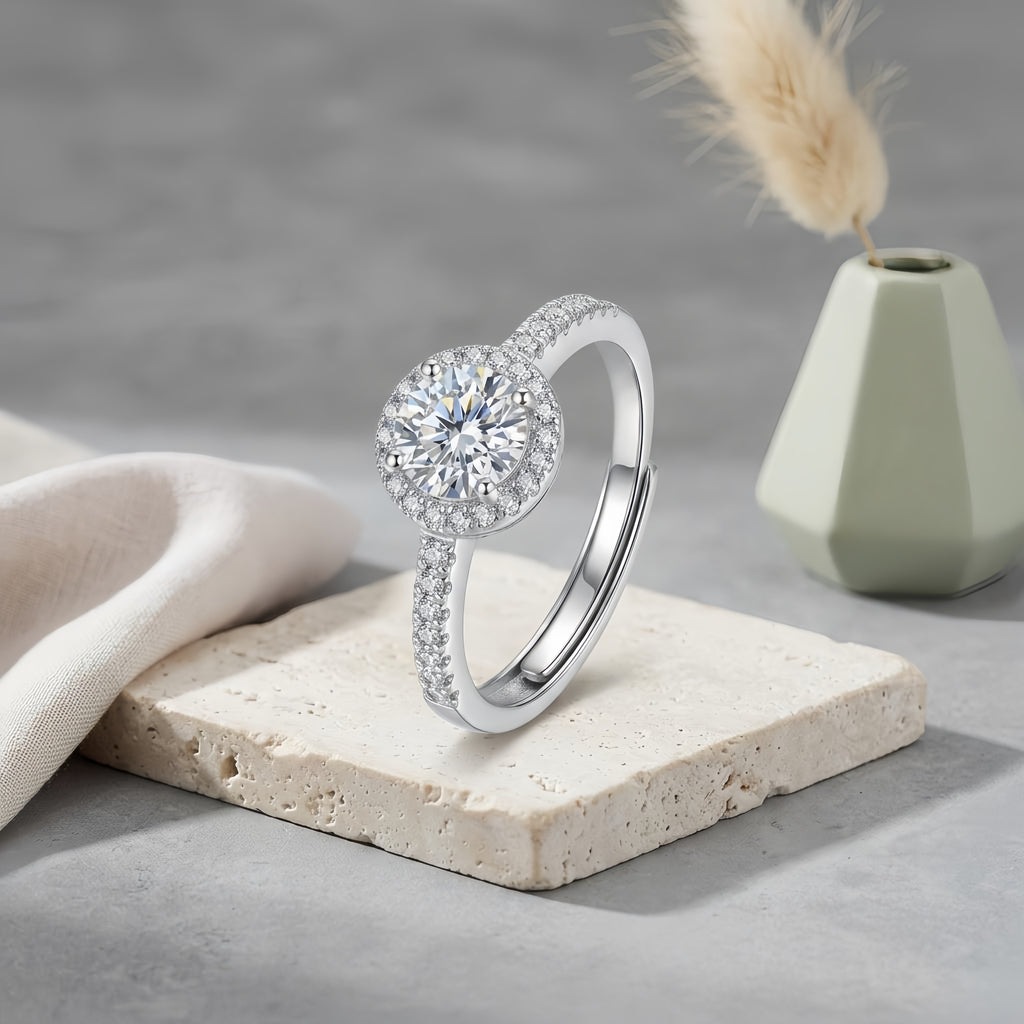 Sterling Silver Adjustable Halo Cubic Zirconia Ring