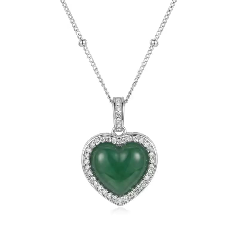 Green Jade Heart Pendant Necklace with CZ Halo