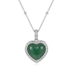 Green Jade Heart Pendant Necklace with CZ Halo