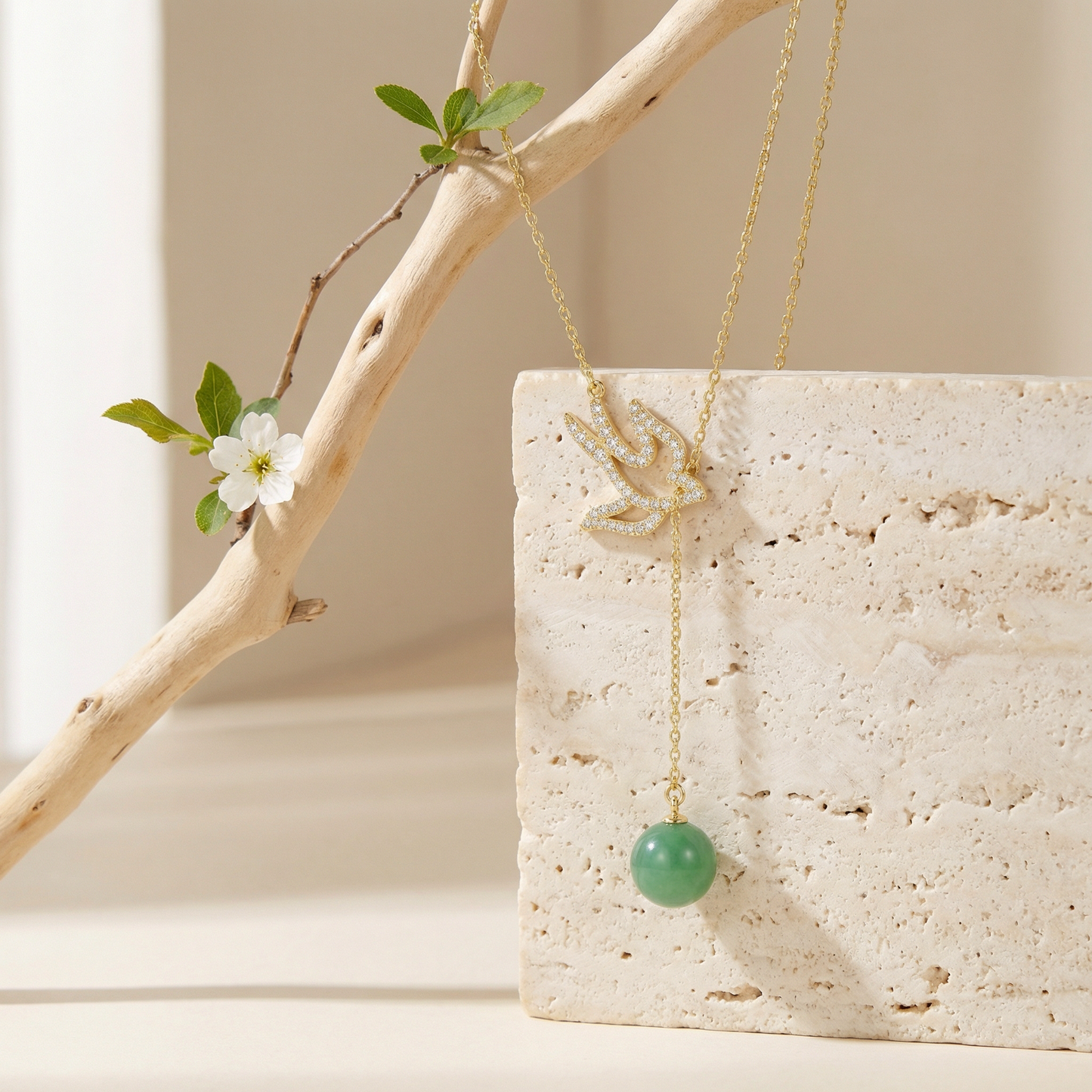 925 Sterling Silver Sparkling Zircon Swallow Necklaces with Elegant Green Jade Bead Drop - JewelryODM