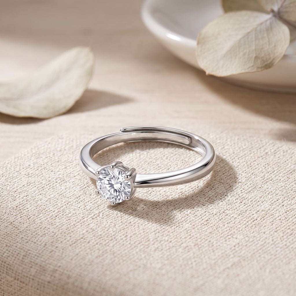 Sterling Silver Adjustable Round Moissanite Six-Prong Solitaire Ring