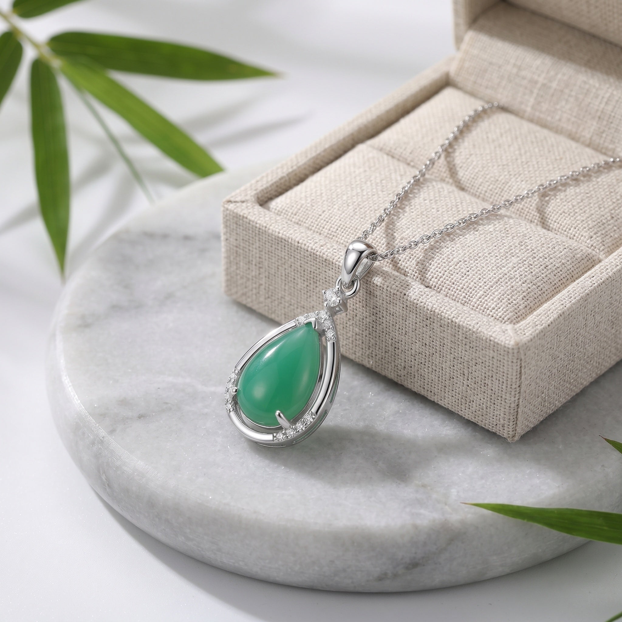 Teardrop Jade Pendant with CZ Accents Necklace