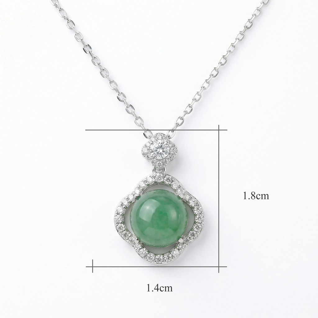 Elegant Green Jade and CZ Quatrefoil Pendant Necklace