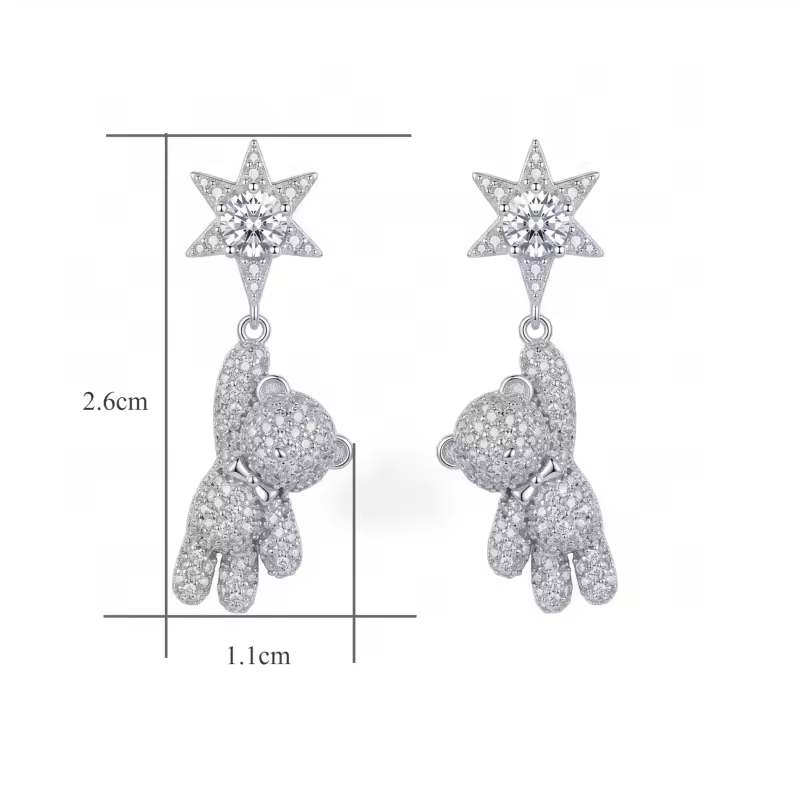 Sterling Silver Star and Teddy Bear Drop Earrings