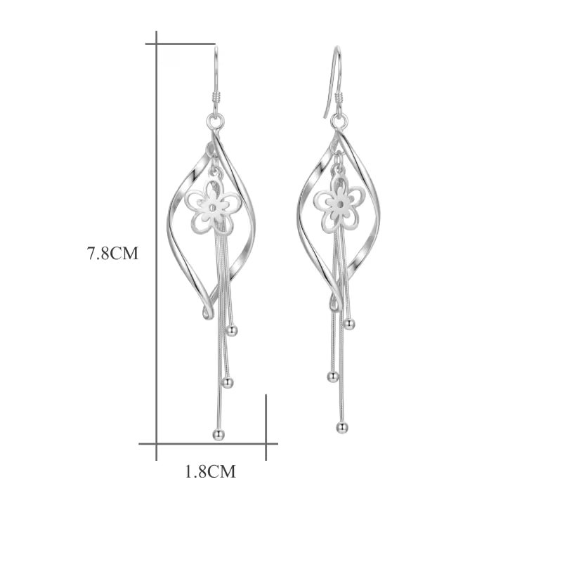 Sterling Silver Twisted Marquise Flower Tassel Drop Earrings