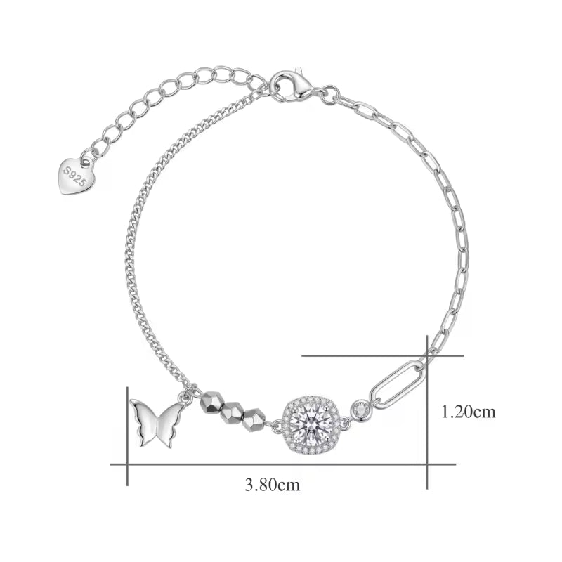 Sterling Silver Butterfly Moissanite Halo Mixed Chain Bracelet