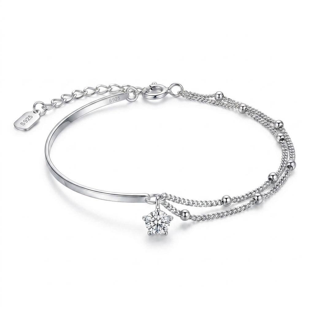 Sterling Silver Double Layer Beaded Chain Cubic Zirconia Bracelet