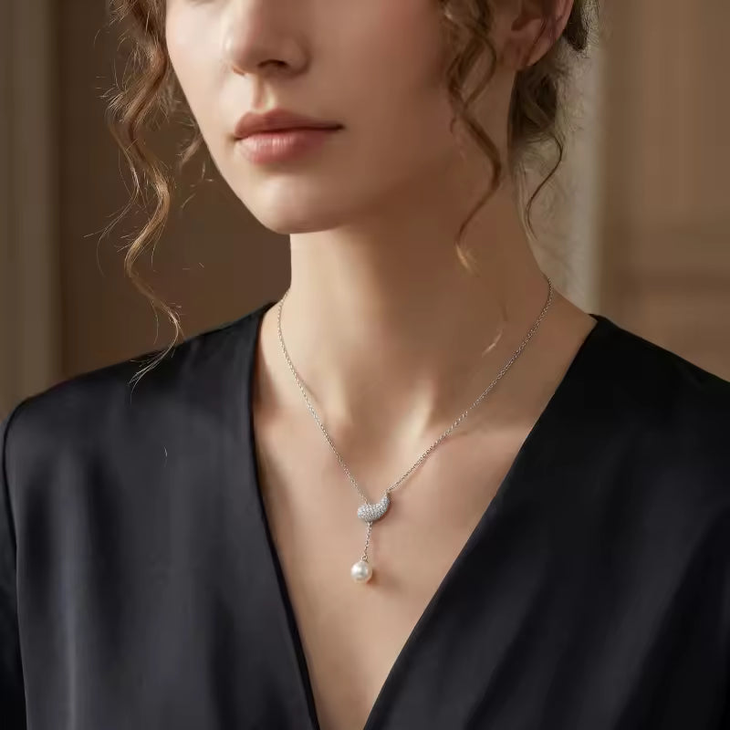 Elegant Pave CZ Paisley Pearl Y-Necklace