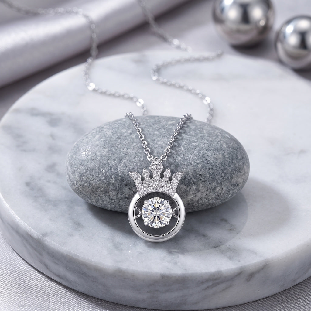Sterling Silver Moissanite Queen Crown Pendant Necklace