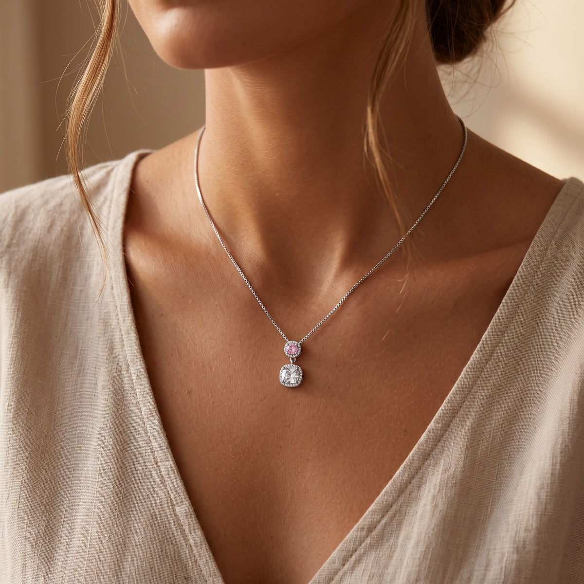 Sterling Silver Pink and Cushion-Cut Moissanite Halo Pendant Necklace