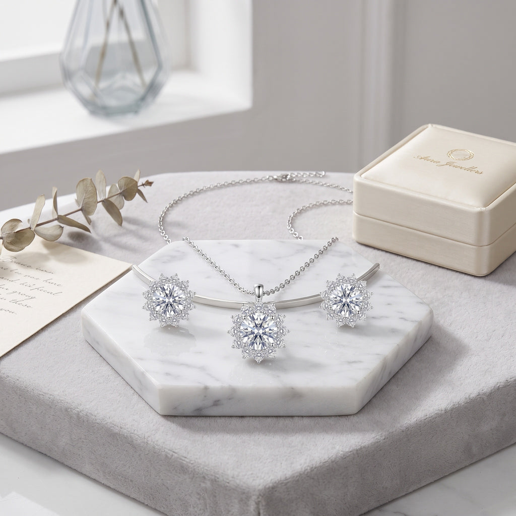 Sterling Silver Moissanite Halo Necklace and Earring Set