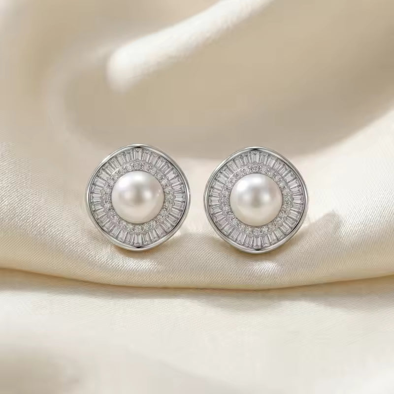 Sterling Silver Pearl Halo Stud Earrings
