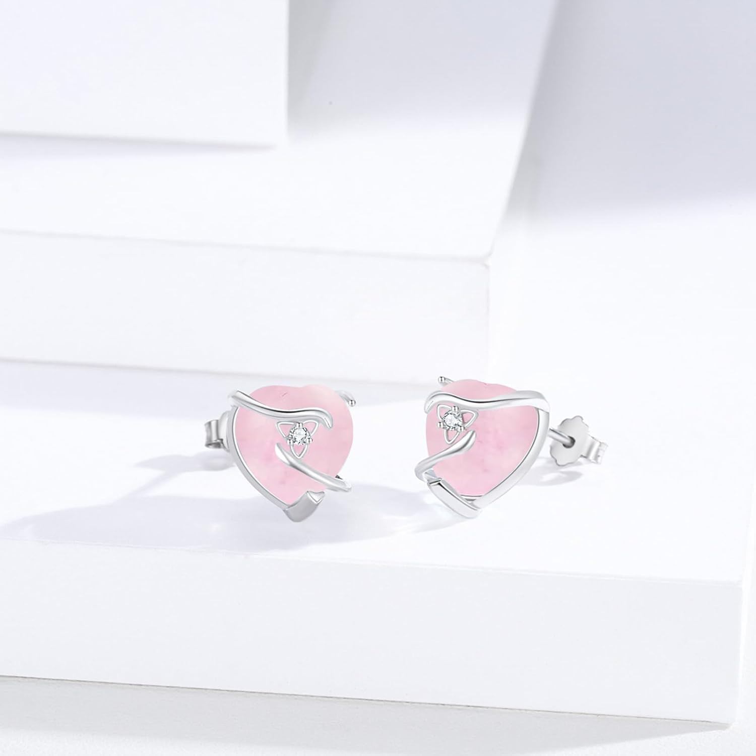 Pink Heart Stud Earrings With Zircon Center