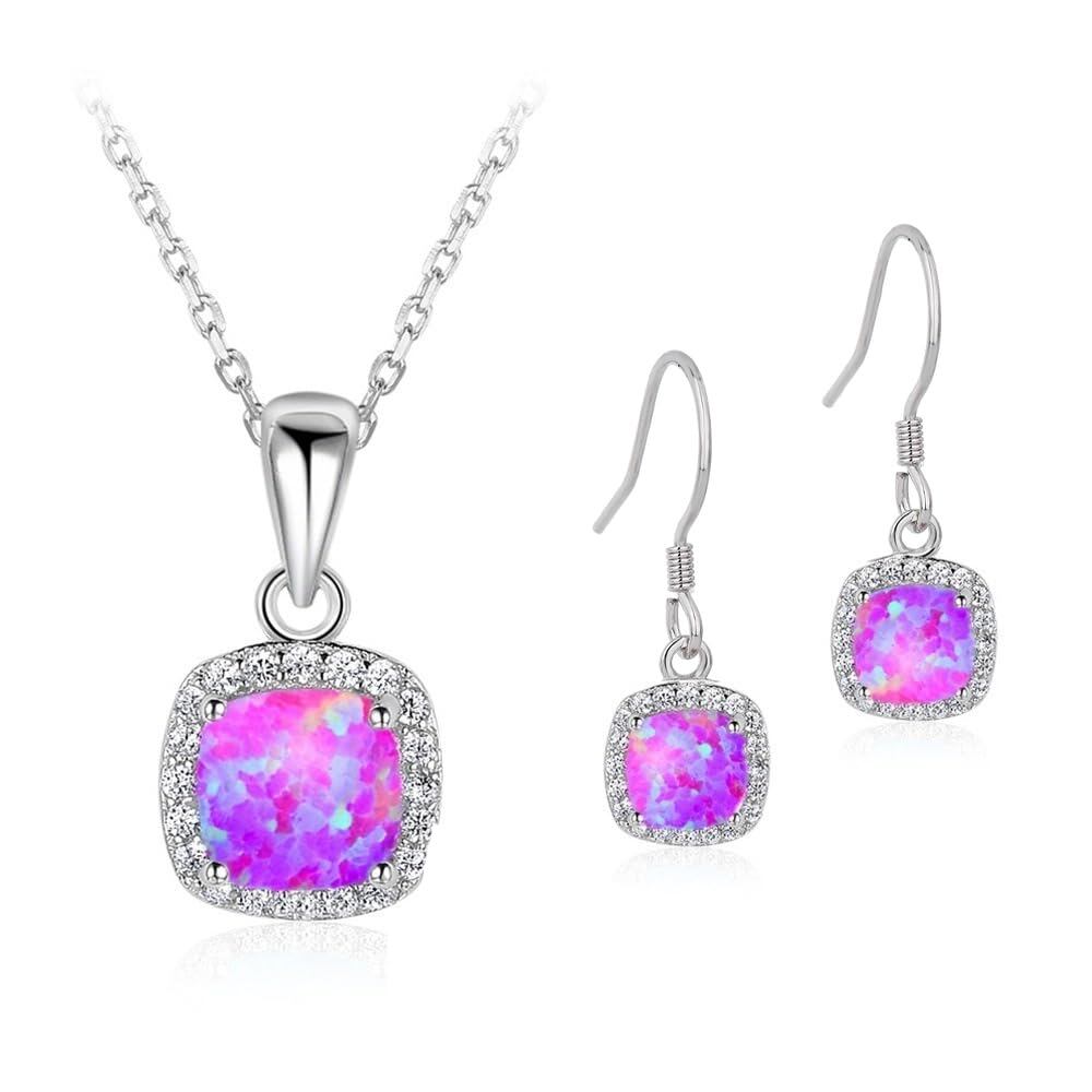Sterling Silver Pink Opal Necklace and Drop Earrings Set – Halo Jewellery
