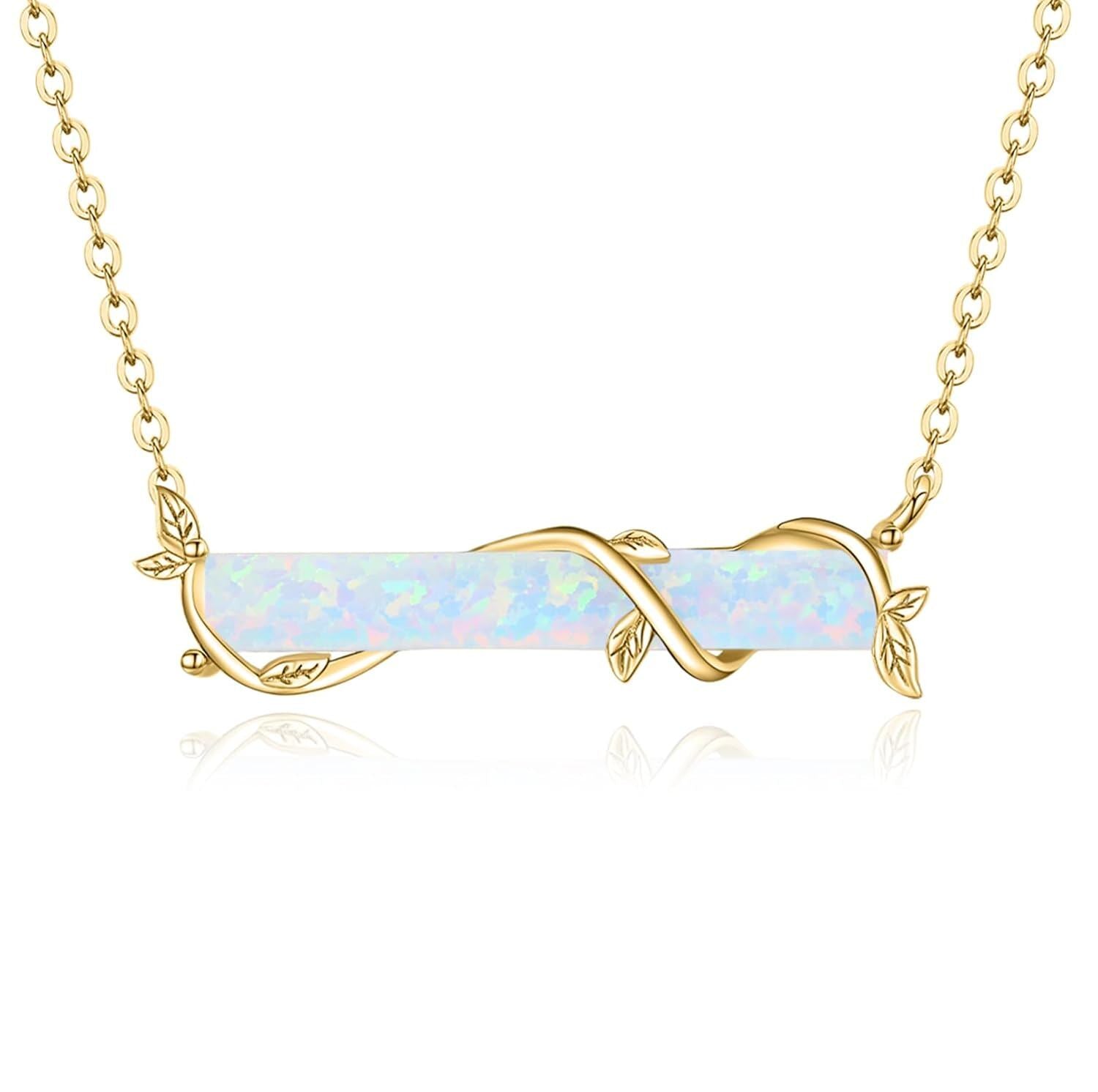 Sterling Silver Opal Bar Necklace – October Birthstone Branch Design
