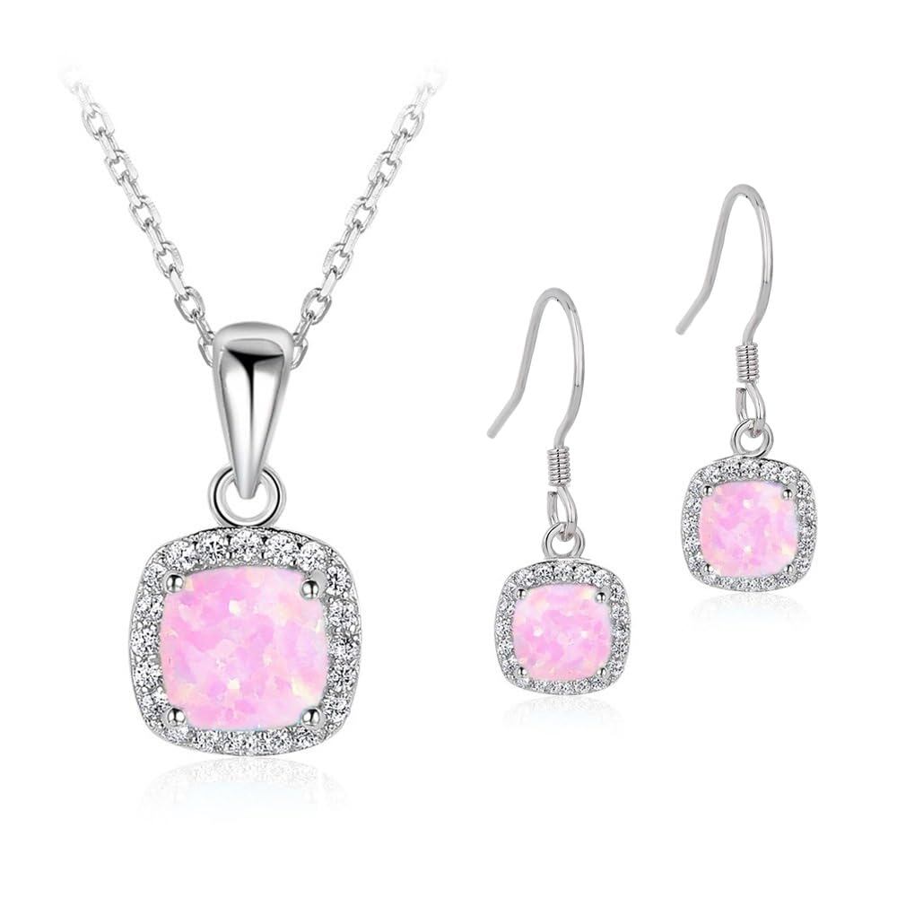 Sterling Silver Pink Opal Necklace and Drop Earrings Set – Halo Jewellery