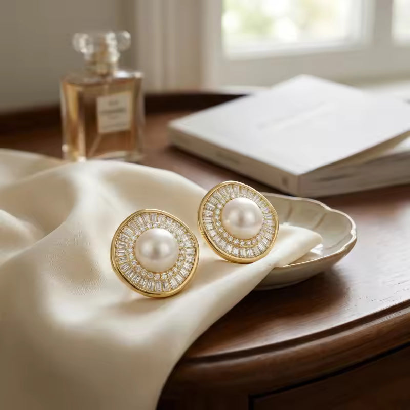 Sterling Silver Pearl Halo Stud Earrings