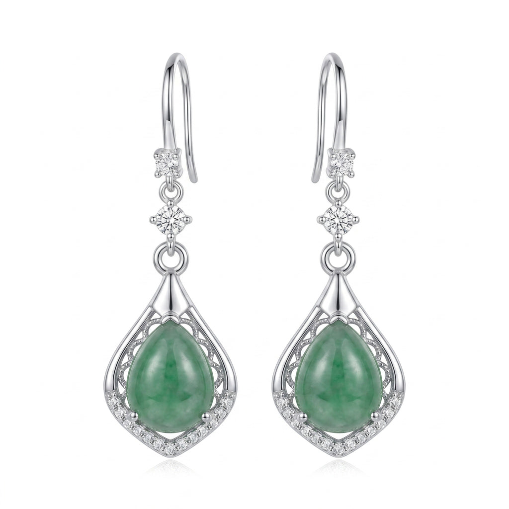 Green Jade Teardrop Drop Earrings with Filigree Detail – Silver-Tone Hook Earrings