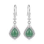 Green Jade Teardrop Drop Earrings with Filigree Detail – Silver-Tone Hook Earrings