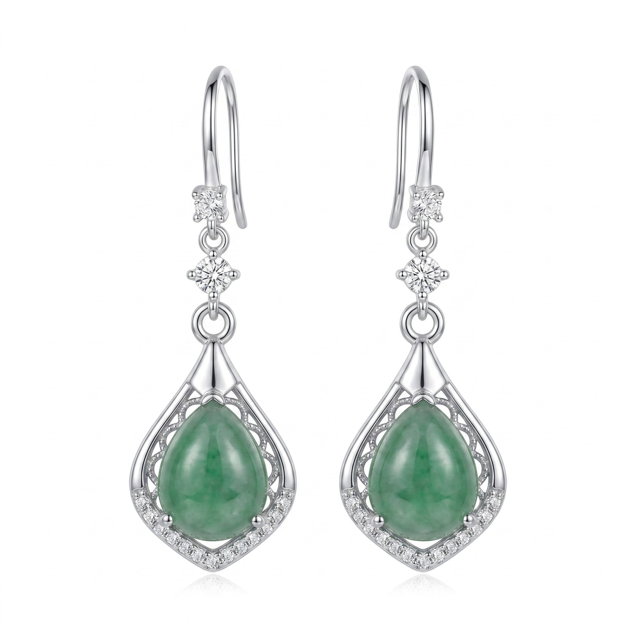 Green Jade Teardrop Drop Earrings with Filigree Detail – Silver-Tone Hook Earrings