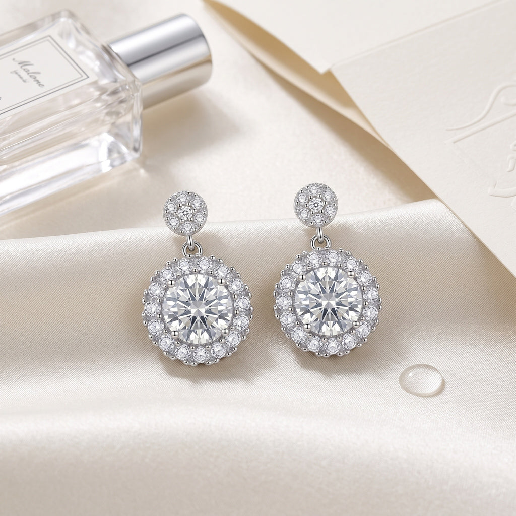 Sterling Silver Moissanite Halo Drop Earrings