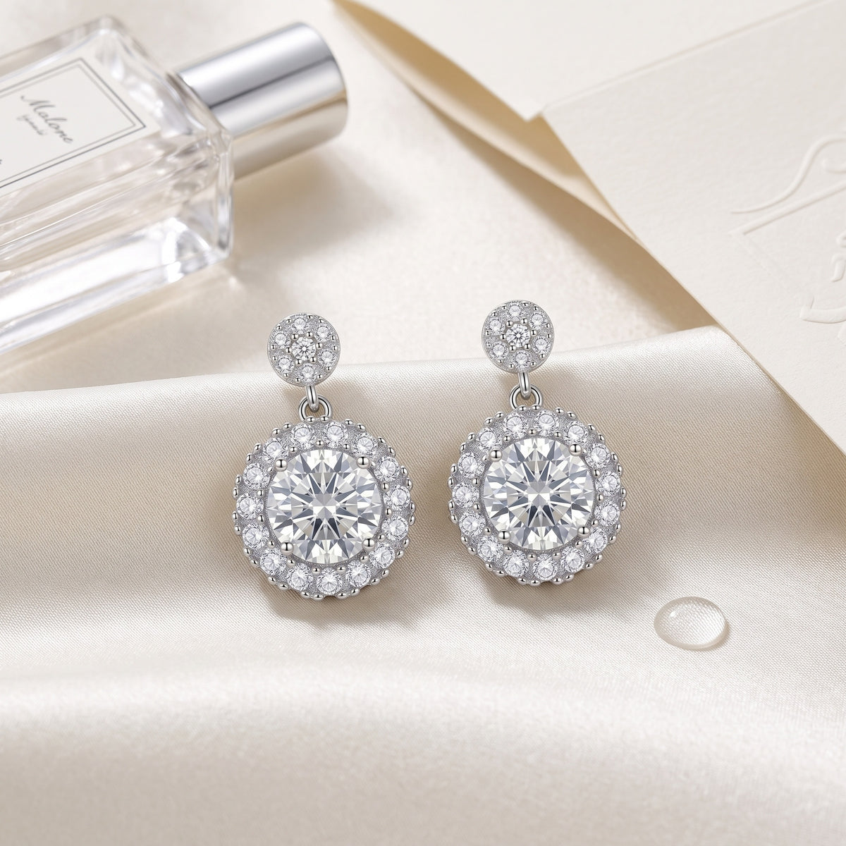 Sterling Silver Moissanite Halo Drop Earrings