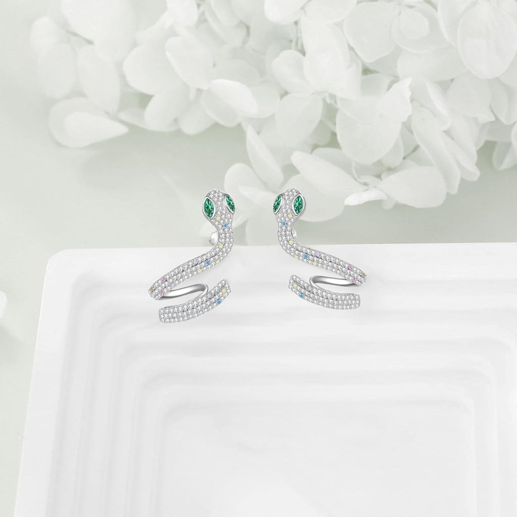 Sterling Silver Snake Stud Earrings with Green Eyes – Cubic Zirconia