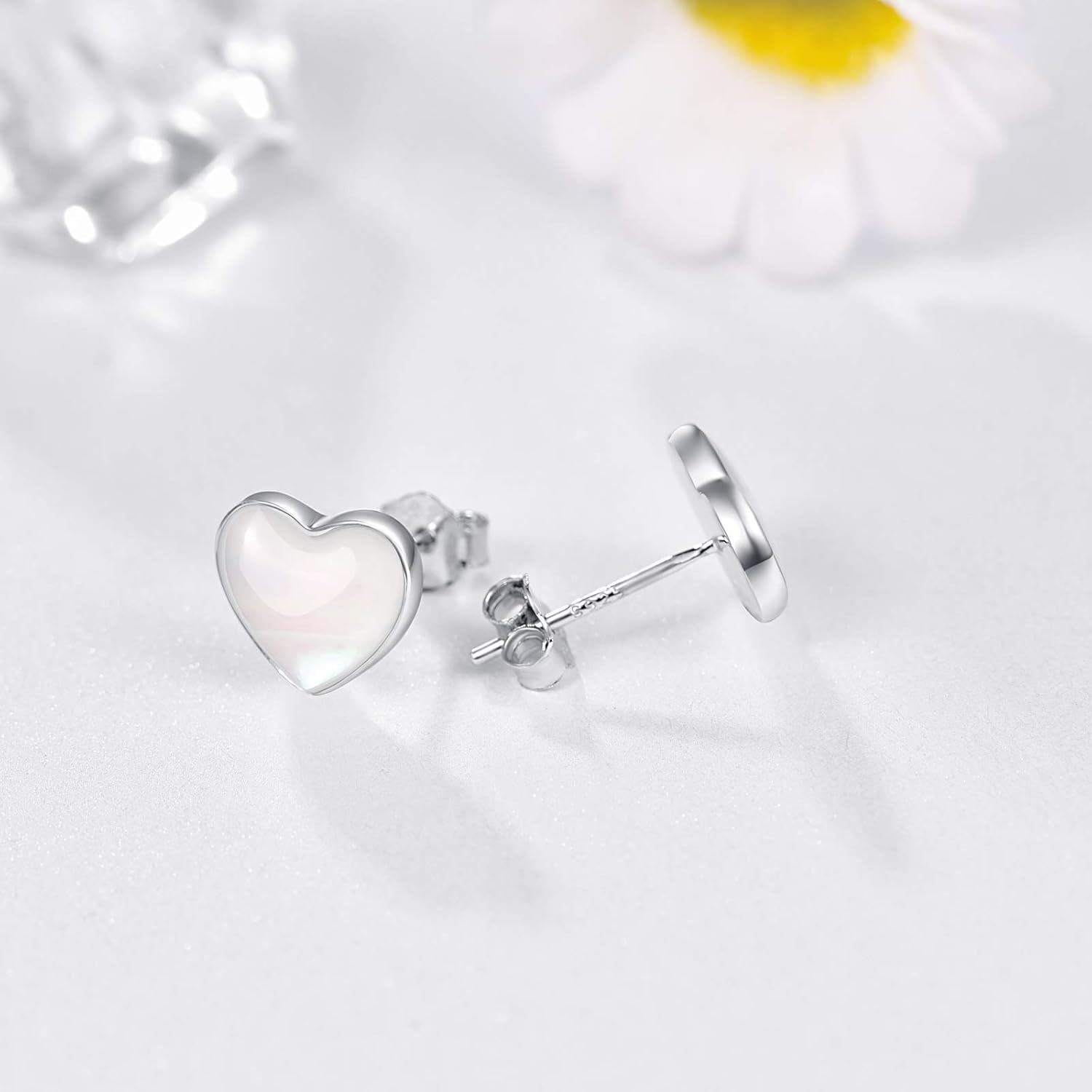 Heart Stud Earrings with Luminous White Pearl