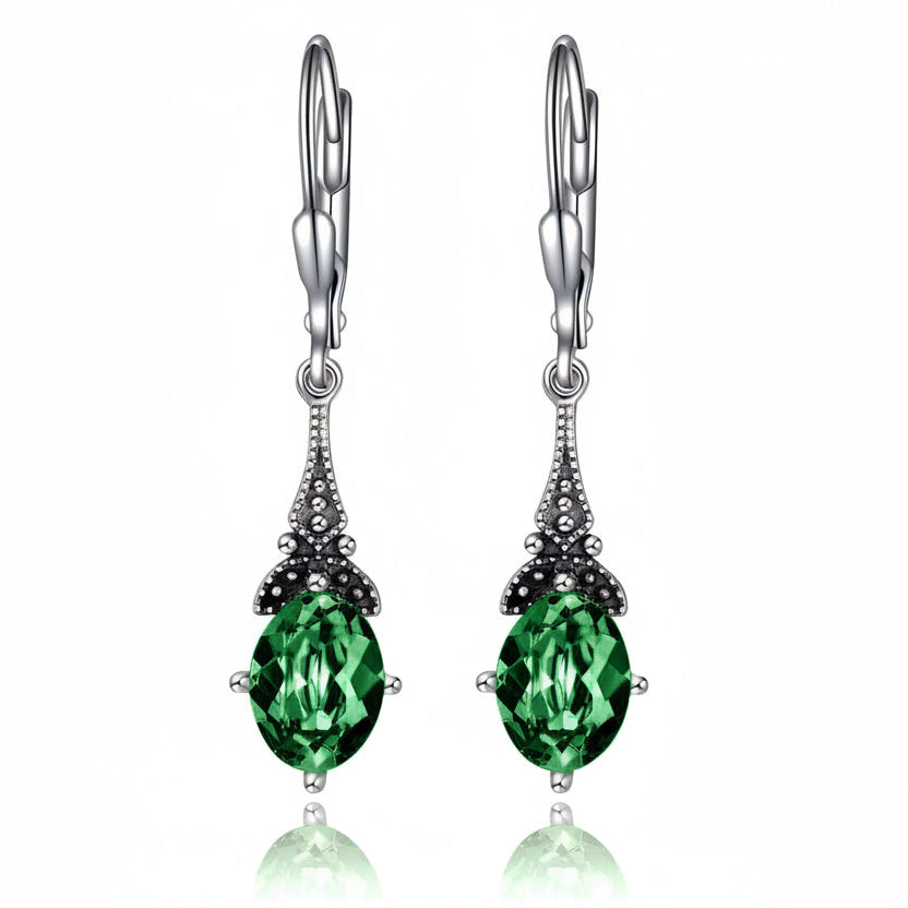 Sterling Silver Green Crystal Vintage Drop Earrings