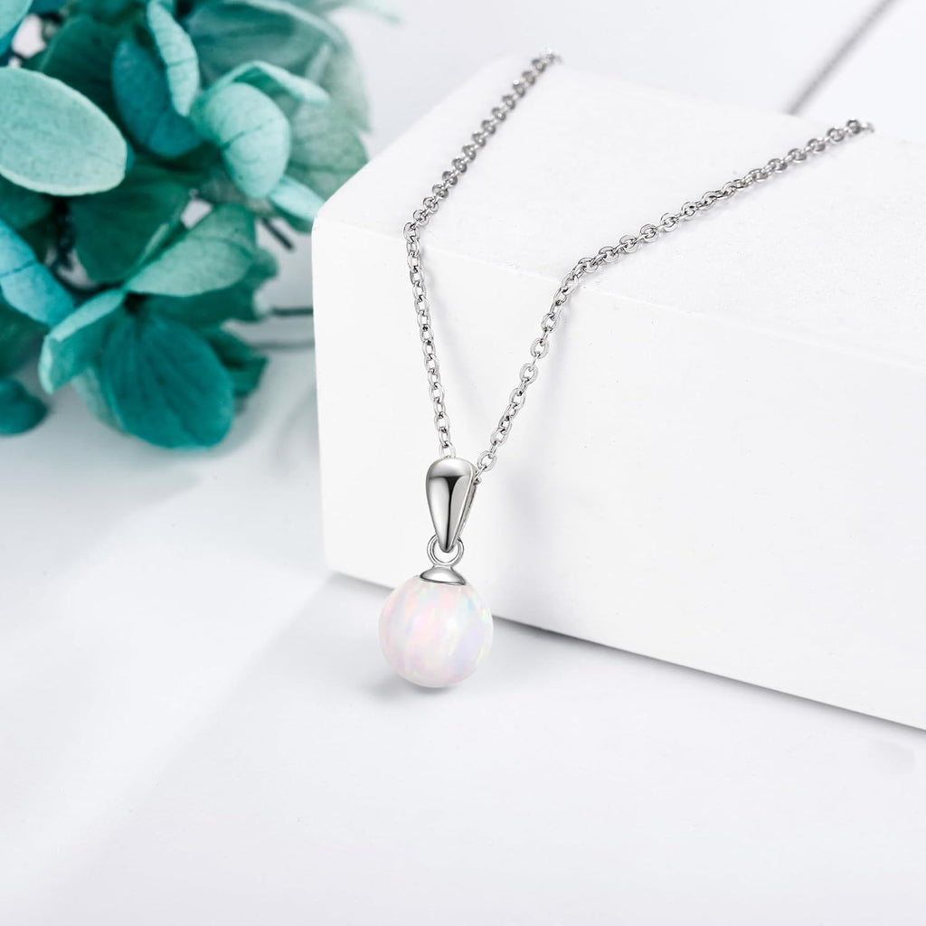 Sterling Silver White Opal Ball Pendant Necklace – October Birthstone