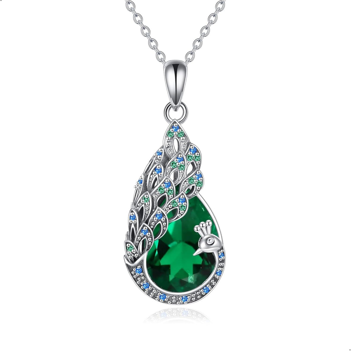 Sterling Silver Peacock Green Crystal Pendant Necklace