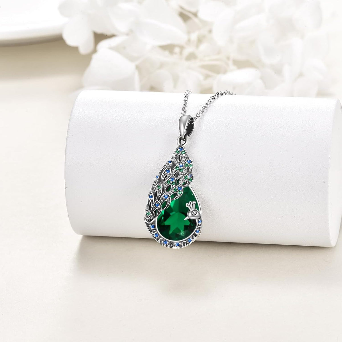Sterling Silver Peacock Green Crystal Pendant Necklace