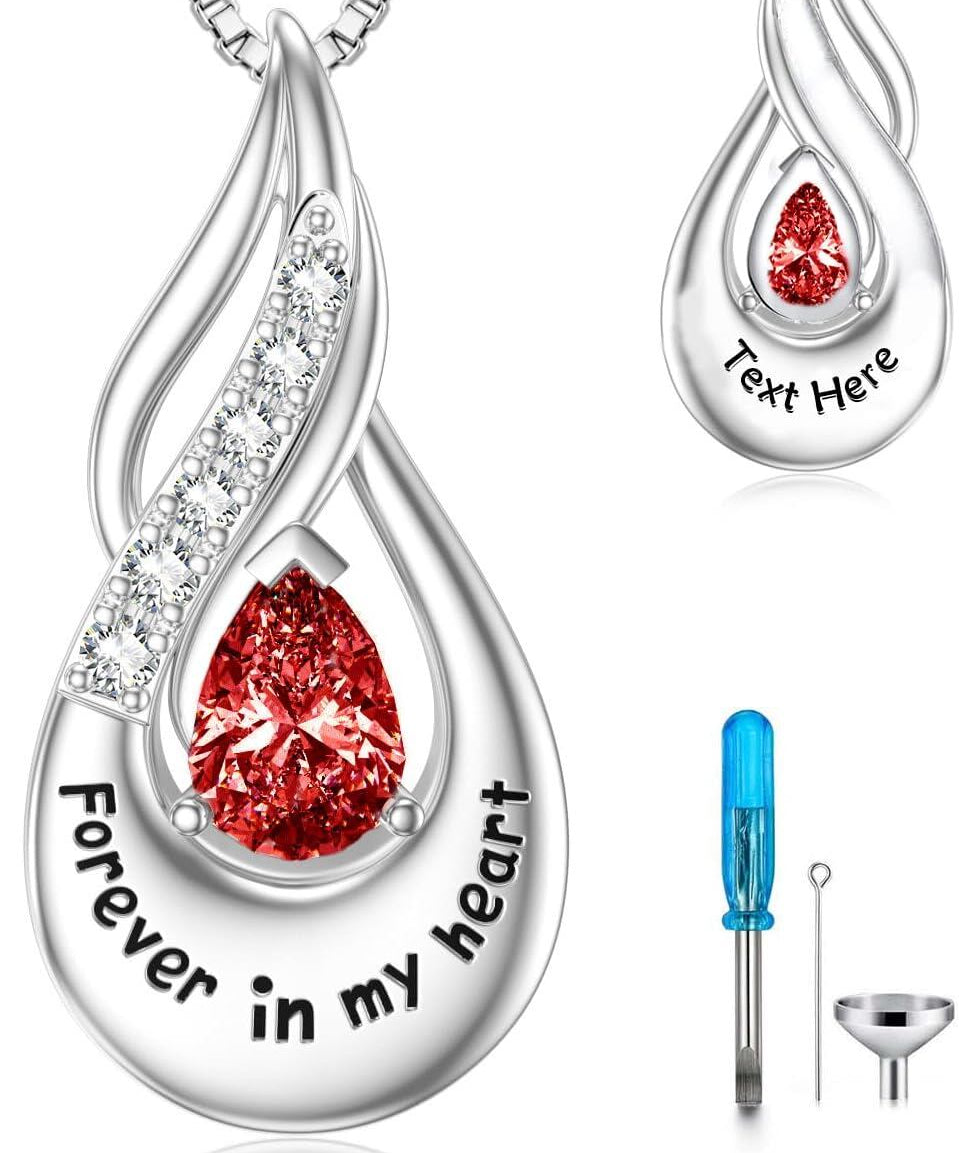 Teardrop Memorial Urn Necklace Pendant with Red Stone for Ashes
