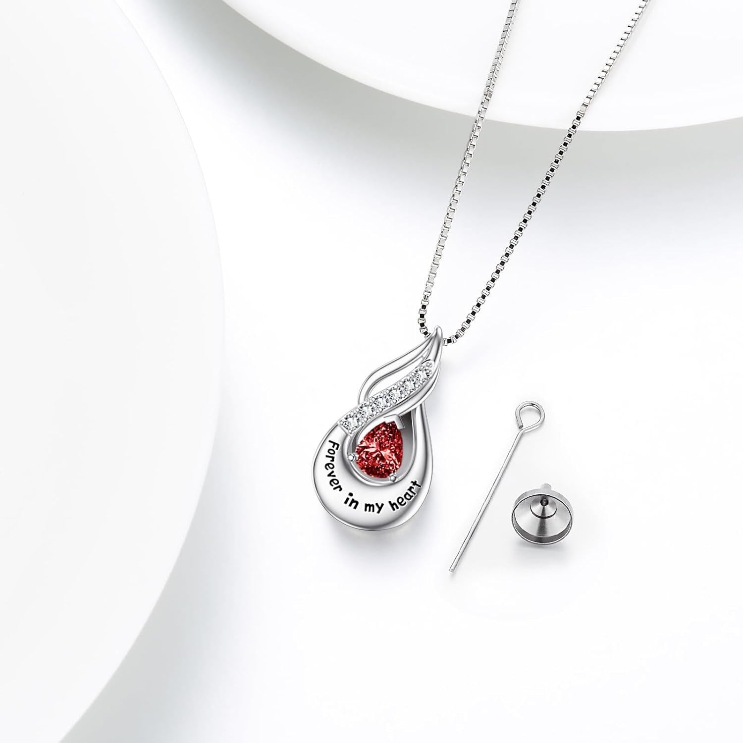 Teardrop Memorial Urn Necklace Pendant with Red Stone for Ashes