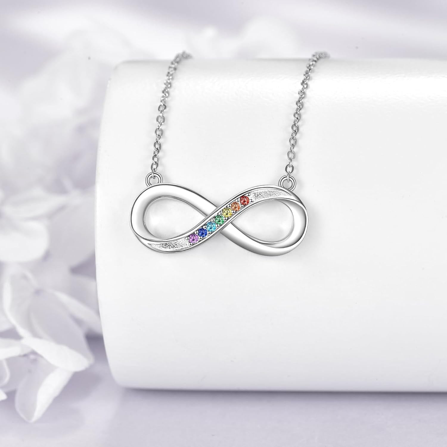 Sterling Silver Chakra Infinity Necklace – Seven-Colour Gemstone Pendant