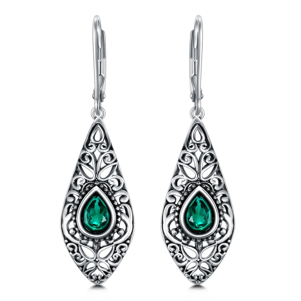 Sterling Silver Oxidised Emerald Drop Earrings – Ornate Teardrop Design