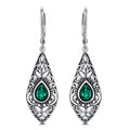Sterling Silver Oxidised Emerald Drop Earrings – Ornate Teardrop Design