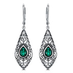 Sterling Silver Oxidised Emerald Drop Earrings – Ornate Teardrop Design