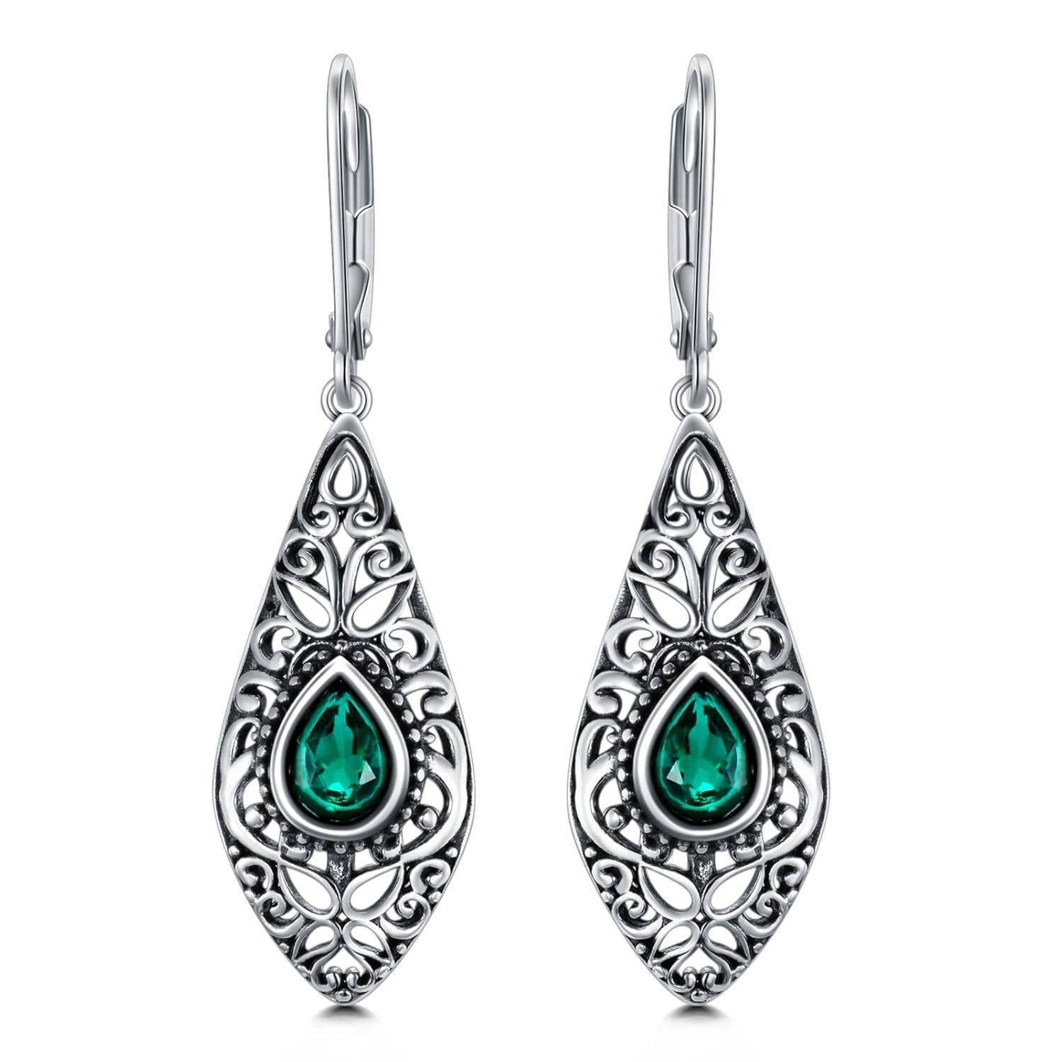 Sterling Silver Oxidised Emerald Drop Earrings – Ornate Teardrop Design