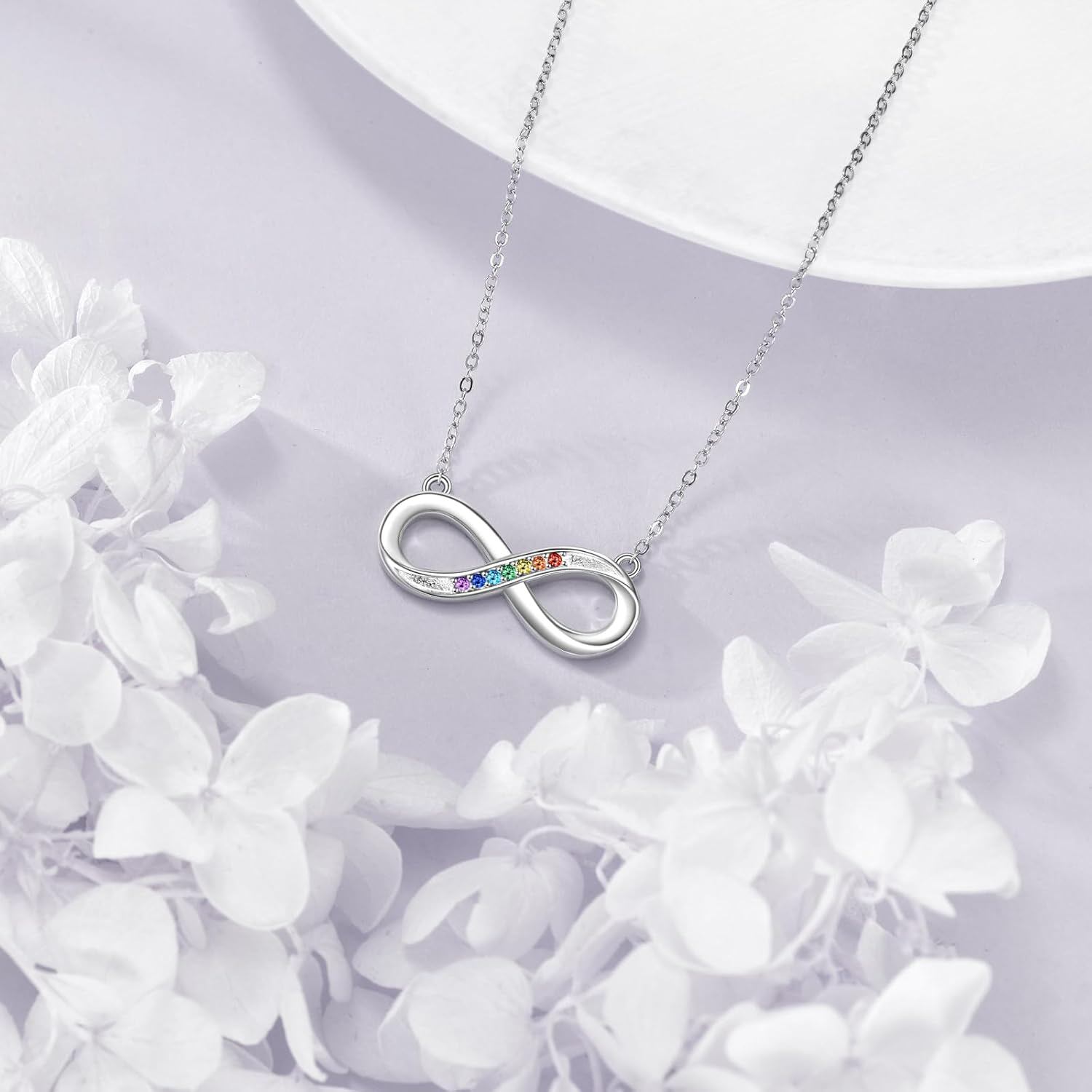 Sterling Silver Chakra Infinity Necklace – Seven-Colour Gemstone Pendant