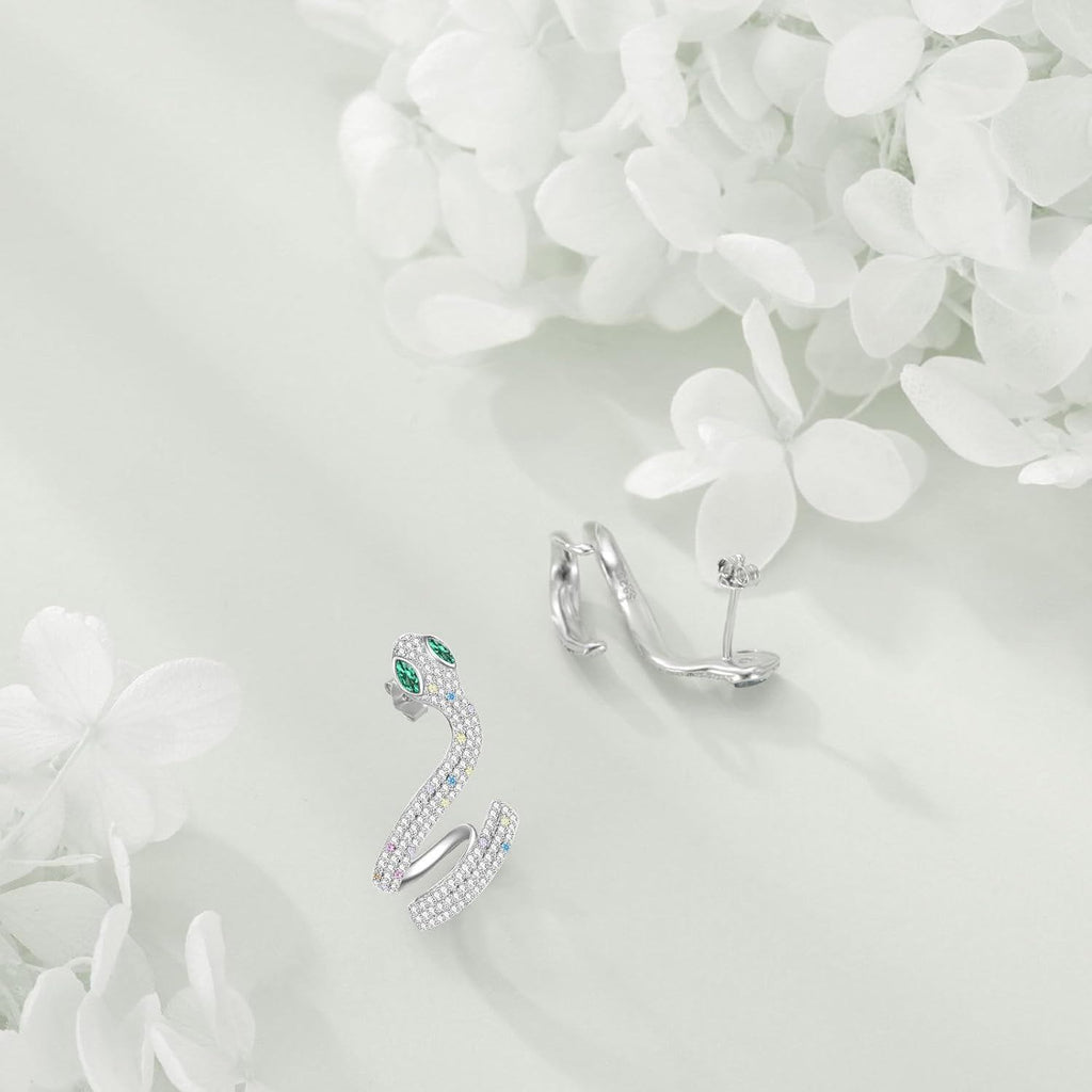 Sterling Silver Snake Stud Earrings with Green Eyes – Cubic Zirconia