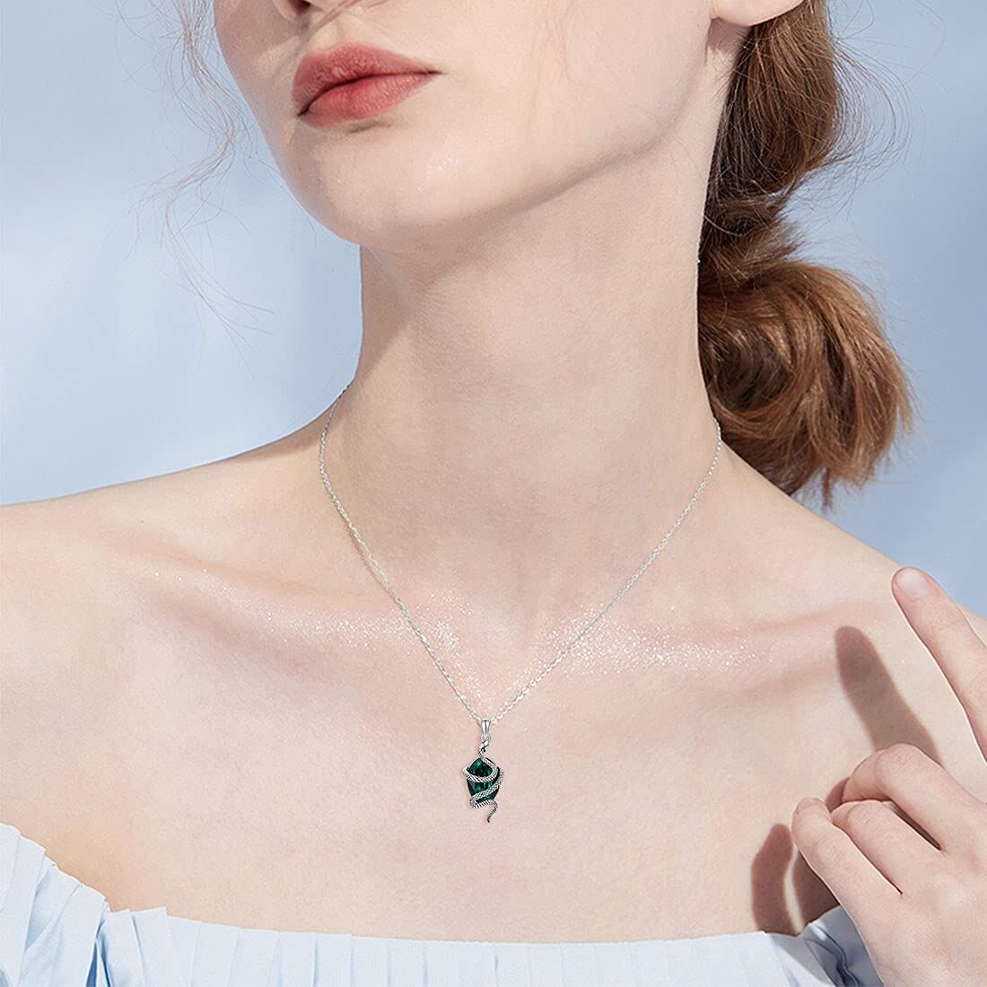 Sterling Silver Snake Emerald Crystal Pendant Necklace
