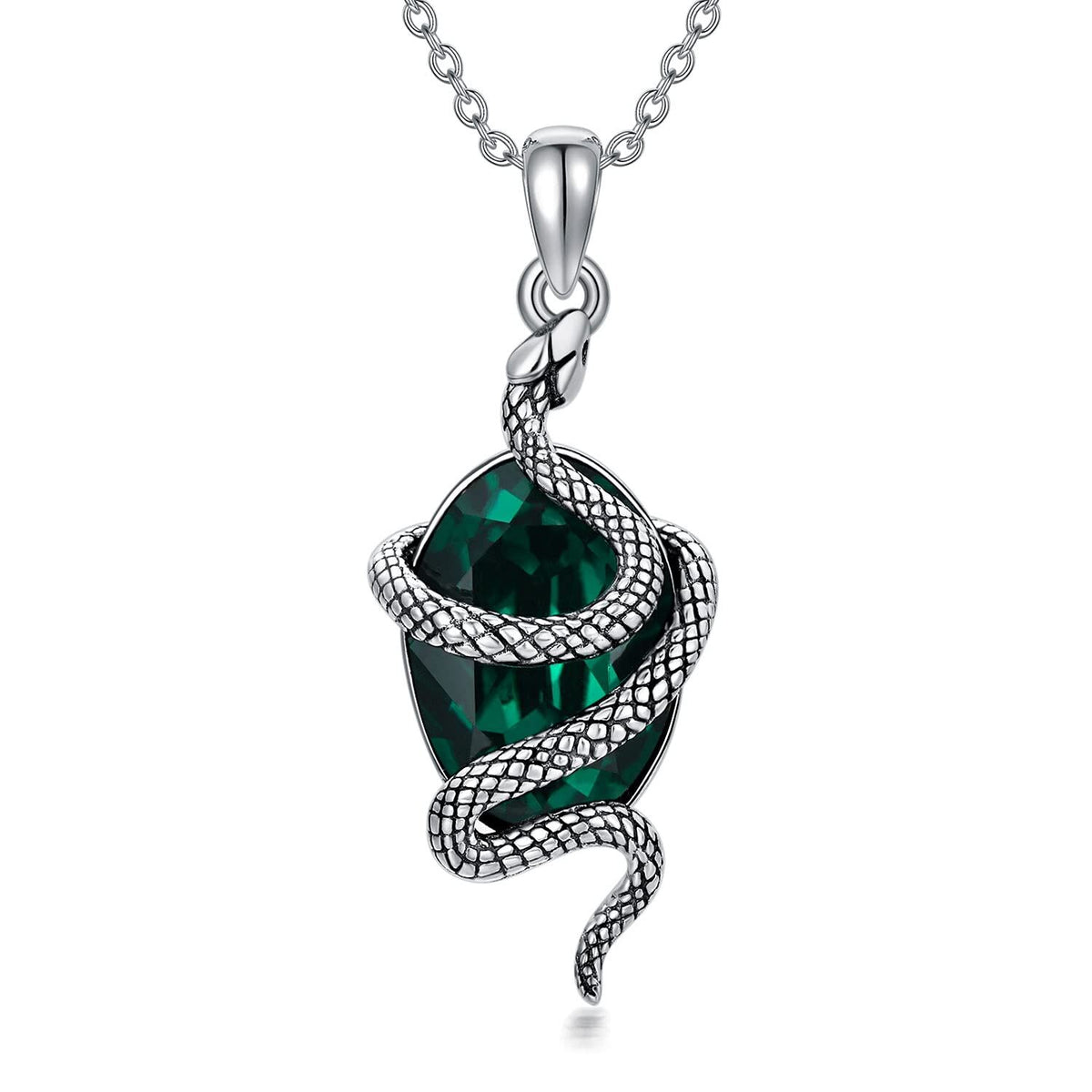 Sterling Silver Snake Emerald Crystal Pendant Necklace