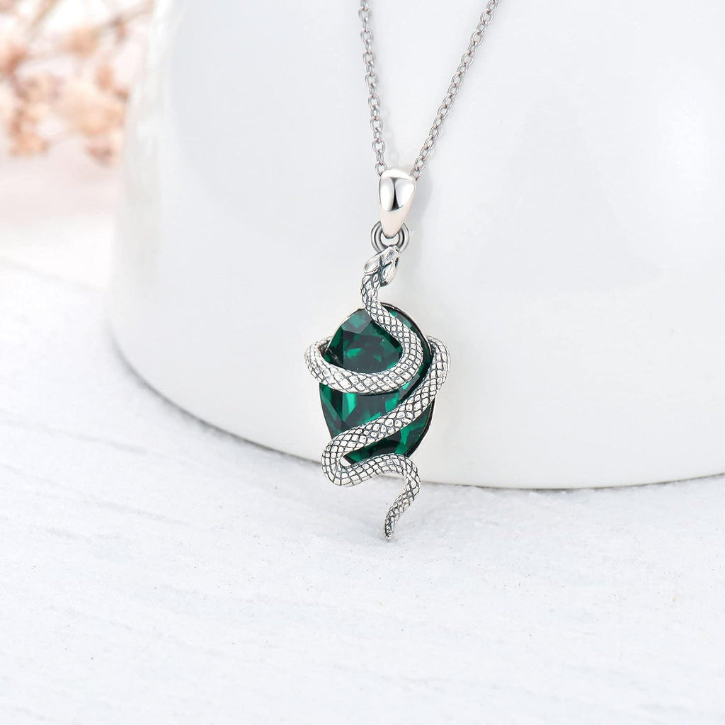 Sterling Silver Snake Emerald Crystal Pendant Necklace