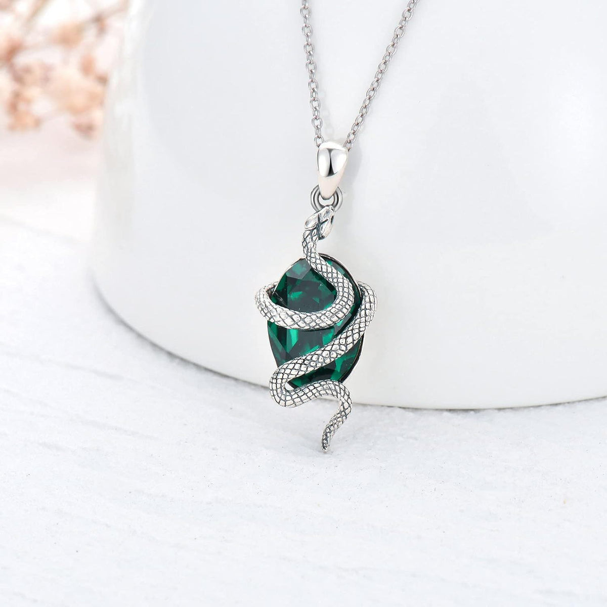 Sterling Silver Snake Emerald Crystal Pendant Necklace