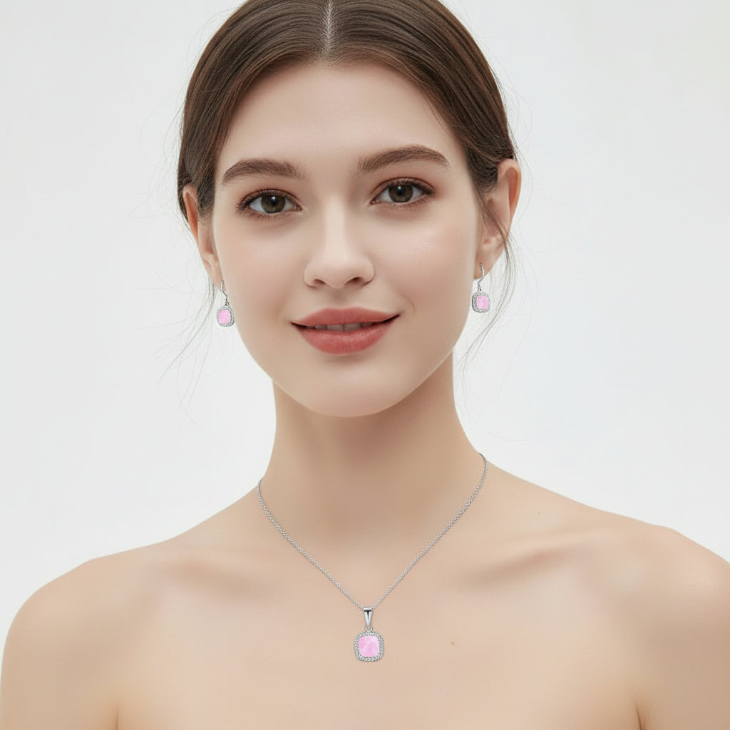 Sterling Silver Pink Opal Necklace and Drop Earrings Set – Halo Jewellery