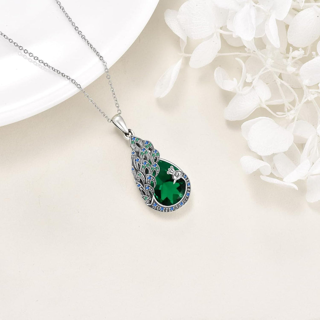 Sterling Silver Peacock Green Crystal Pendant Necklace