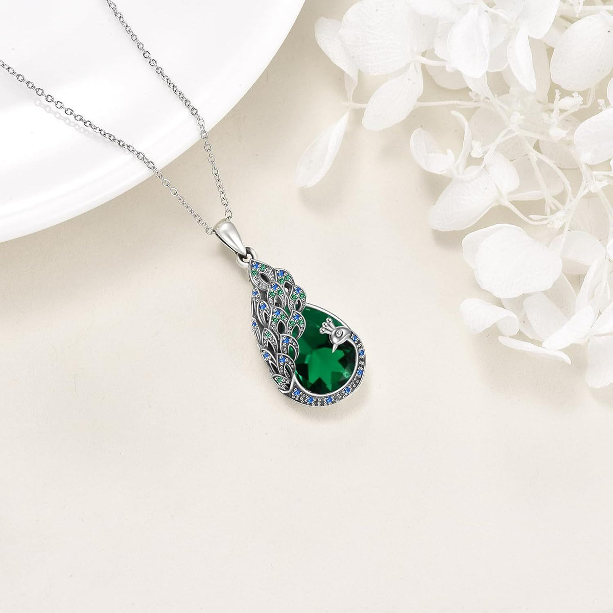 Sterling Silver Peacock Green Crystal Pendant Necklace